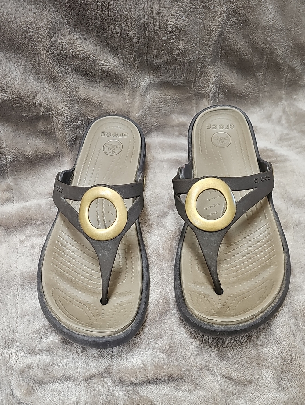 CROCS Women’s Brown Wedge Sandal with Gold Accent